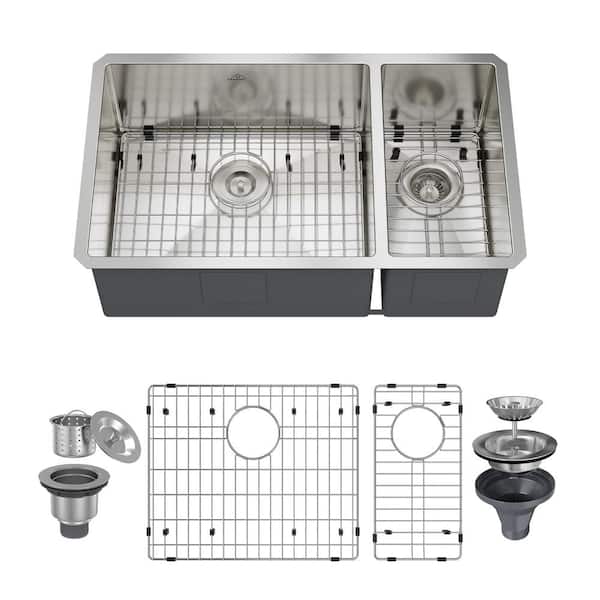 CASAINC 32 in. Undermount Double Bowl 16-Gauge Stainless Steel Kitchen Sink with Bottom Grids