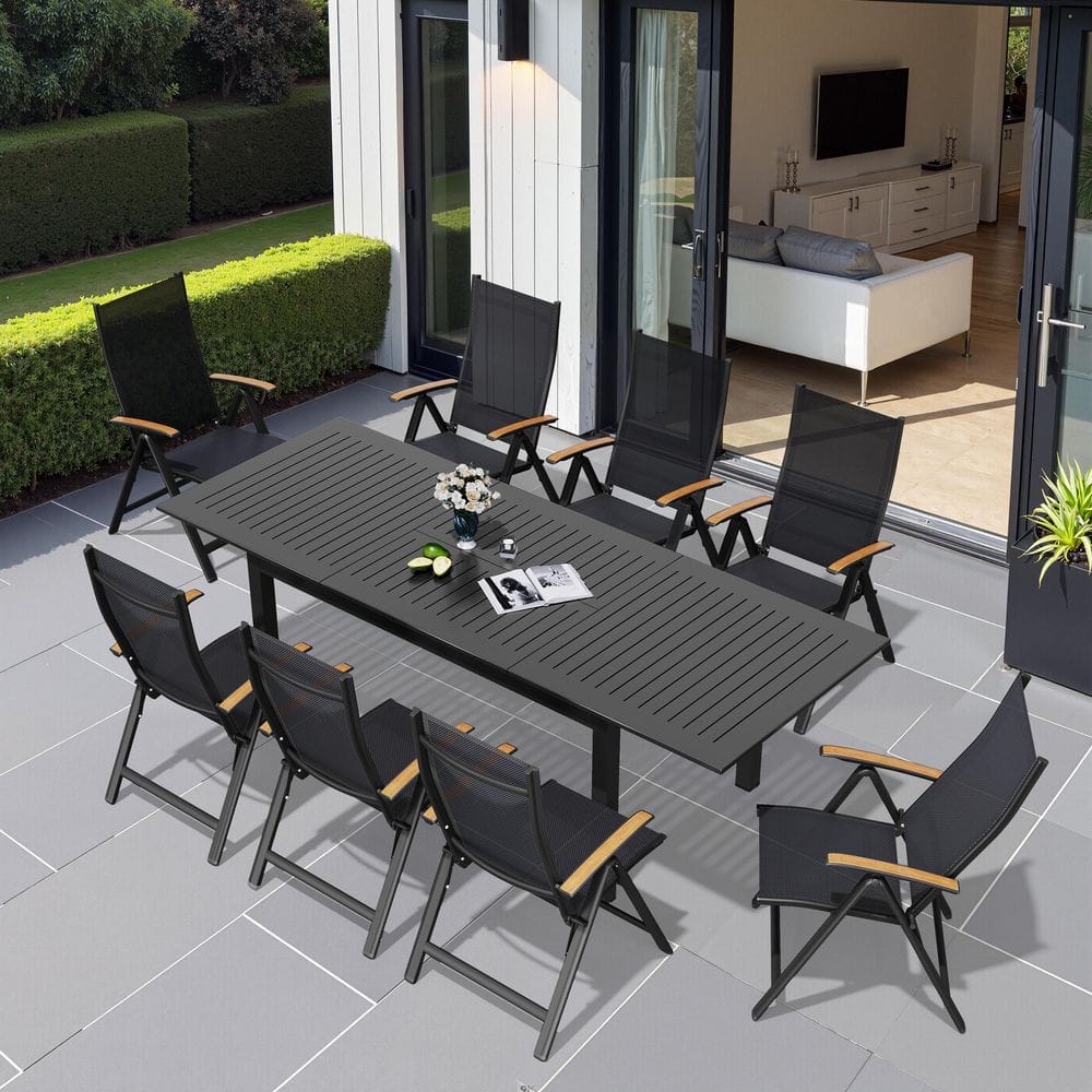 Rectangle Aluminum Outdoor Patio Dining Set, Extension Table and Foldable Chairs with Adjustable Backrest (Black) price history on PriceWatchPro