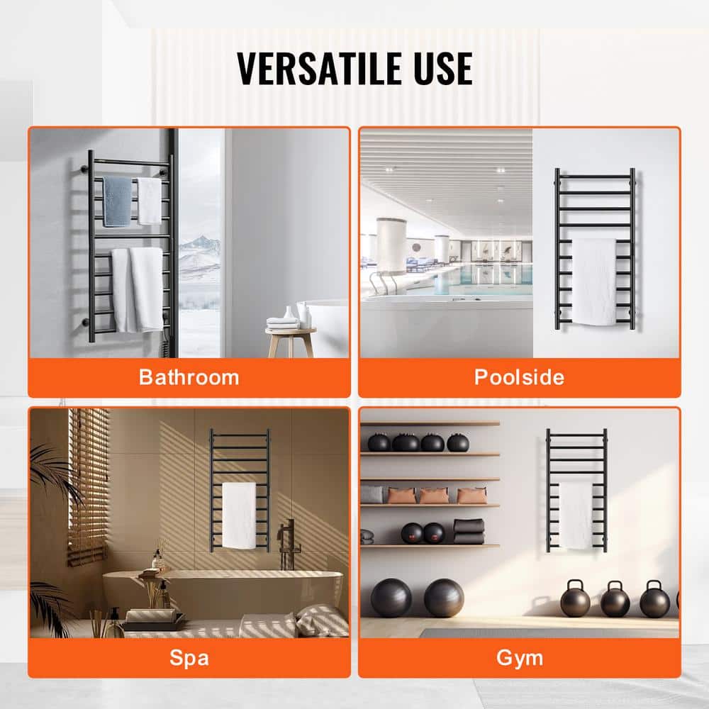 Black Stainless Steel 10-Bar Wall Mounted Heated Towel Rack