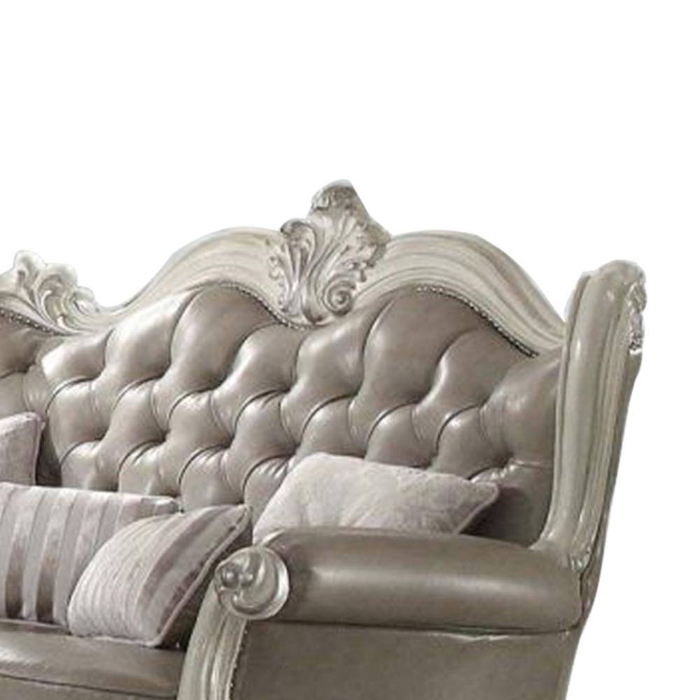 Vintage Gray Leather Tufted Loveseat with Bone White Wood