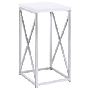 13.25 in. Glossy White and Chrome Square Wood Accent Table