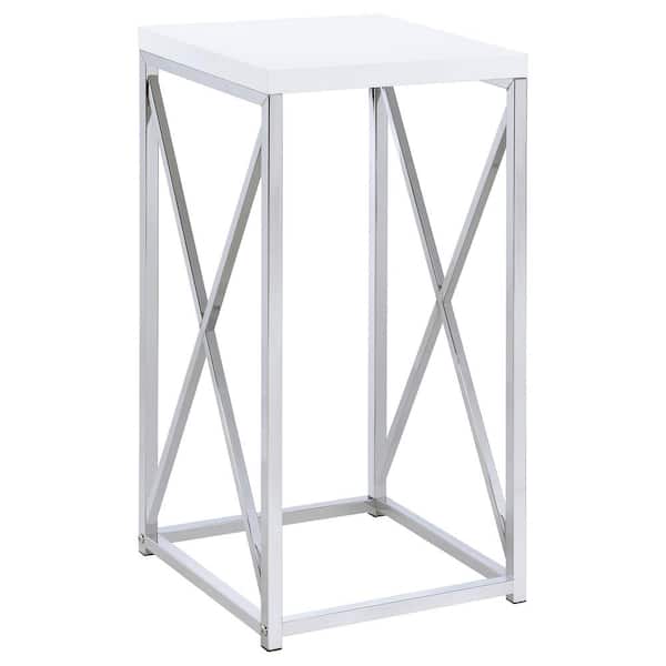 Coaster 13.25 in. Glossy White and Chrome Square Wood Accent Table
