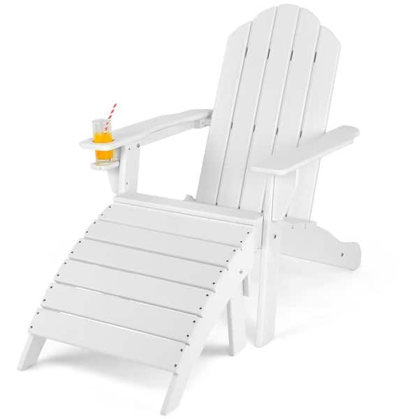 Costway HDPE Patio Adirondack Chair and Folding Footrest Set All-Weather Outdoor White