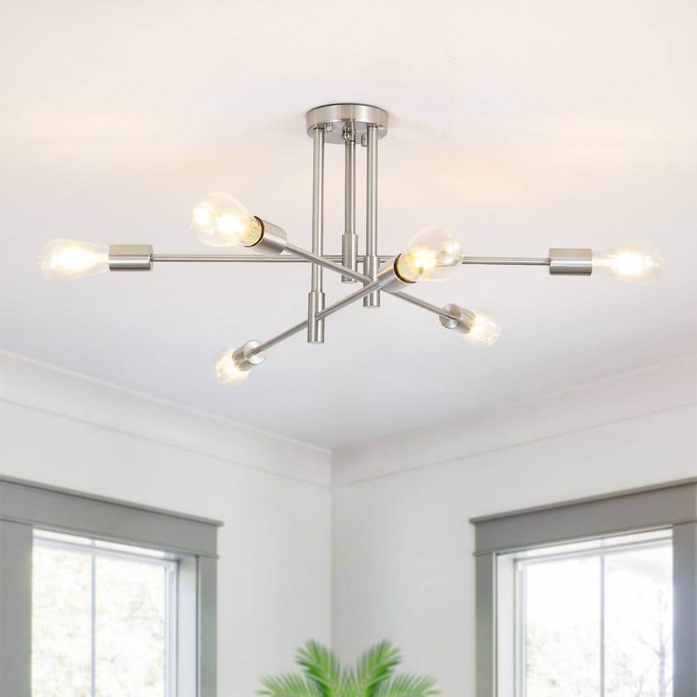 27.56 in. 6-Light Nickel Dimmable Sputnik Chandelier Modern Linear Semi Flush Mount Ceiling Light for Living Room price history on PriceWatchPro