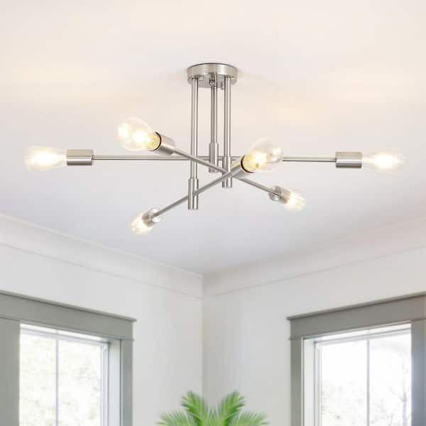 LWYTJO 27.56 in. 6-Light Nickel Dimmable Sputnik Chandelier Modern Linear Semi Flush Mount Ceiling Light for Living Room