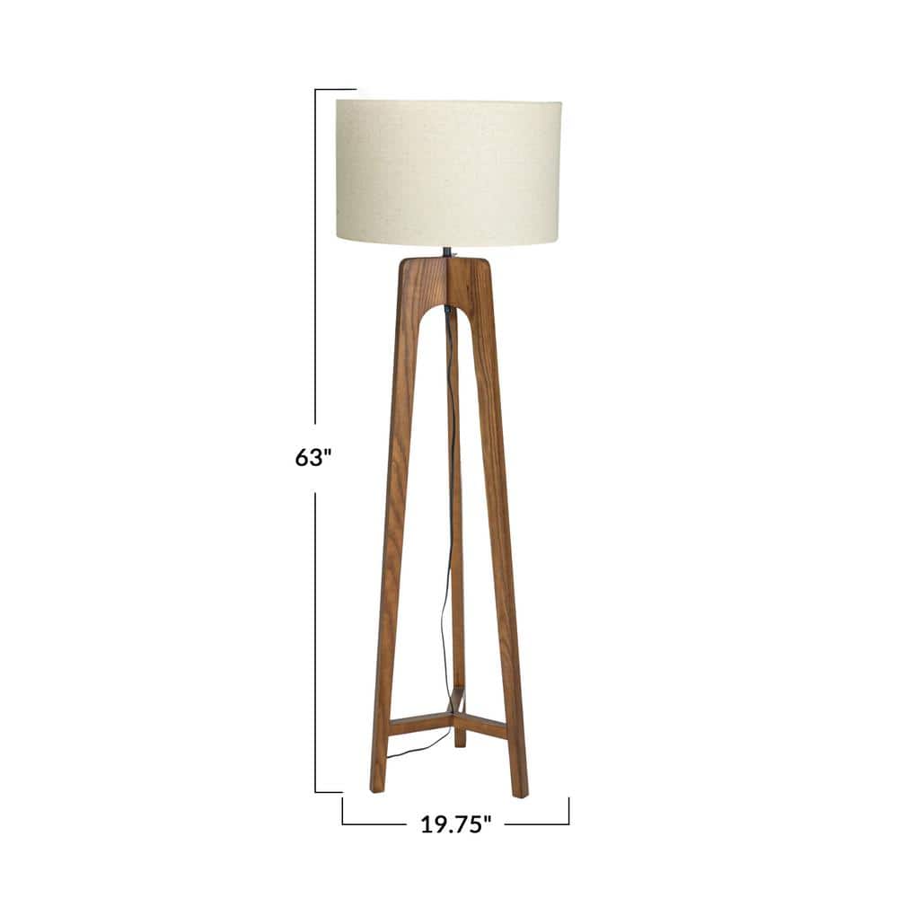 63" Walnut Finish Rubberwood Tripod Floor Lamp with Natural Linen Shade