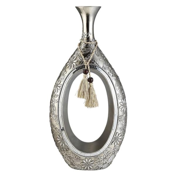 ORE International 23 in. H Chrysanthemum Polyresin Decorative Vase in Silver