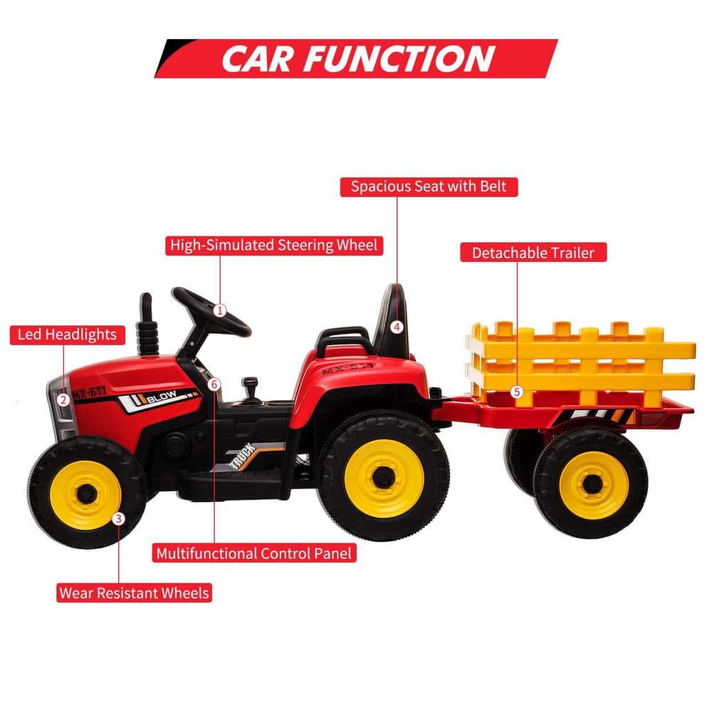 Red 12V Kids Electric Ride-On Tractor with Trailer