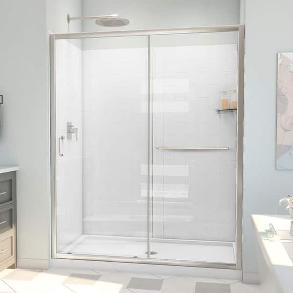 DreamLine 60 in. W x 78-3/4 in. H Sliding Semi Frameless Shower Door Base and White Wall Kit in Brushed Nickel and Clear Glass
