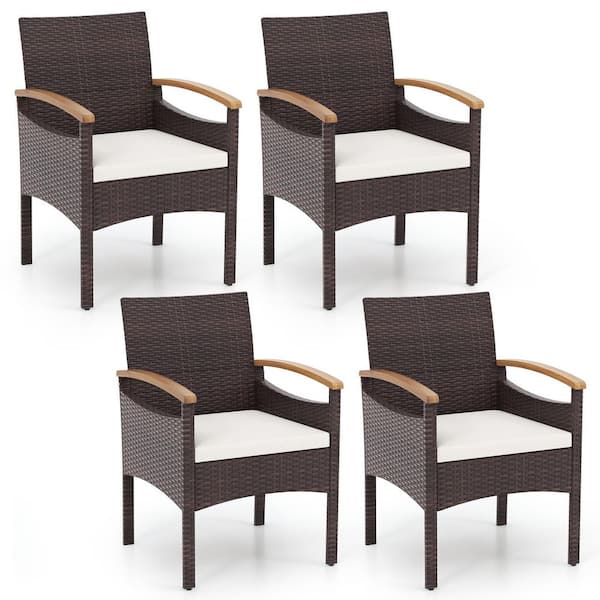 Mix Brown PE Wicker Outdoor Dining Chair with Off White Cushions (4-Pack)
