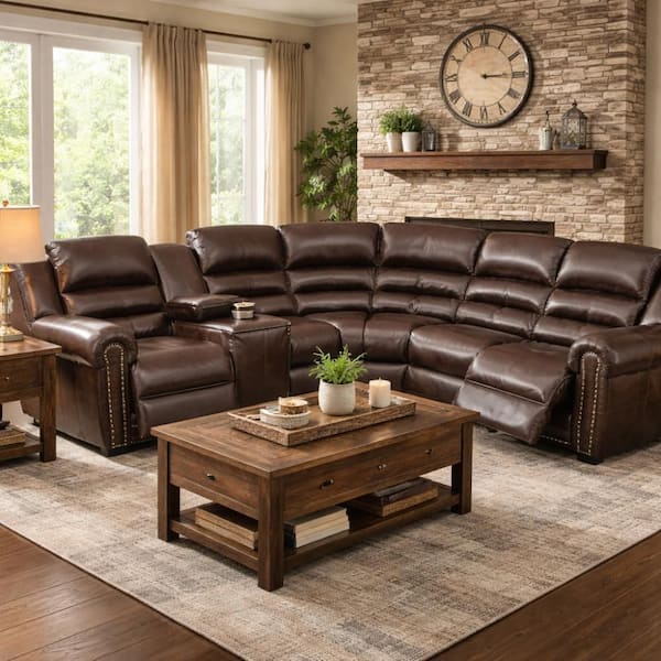 39.0 W in. Pillow Top Arm 3-piece Bonded Leather L-Shaped Reclining Sectional Sofa in. Brown