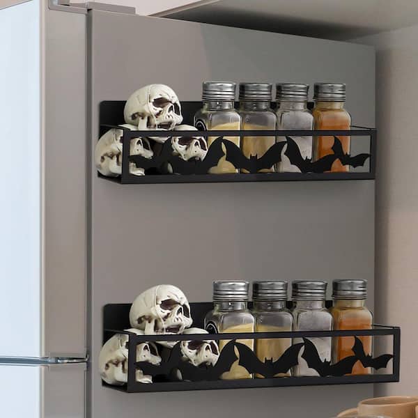2-Piece Magnetic Spice Rack for Refrigerator, Black Bat, Halloween Gothic Kitchen Decor, 2 Sizes Metal Storage Shelf