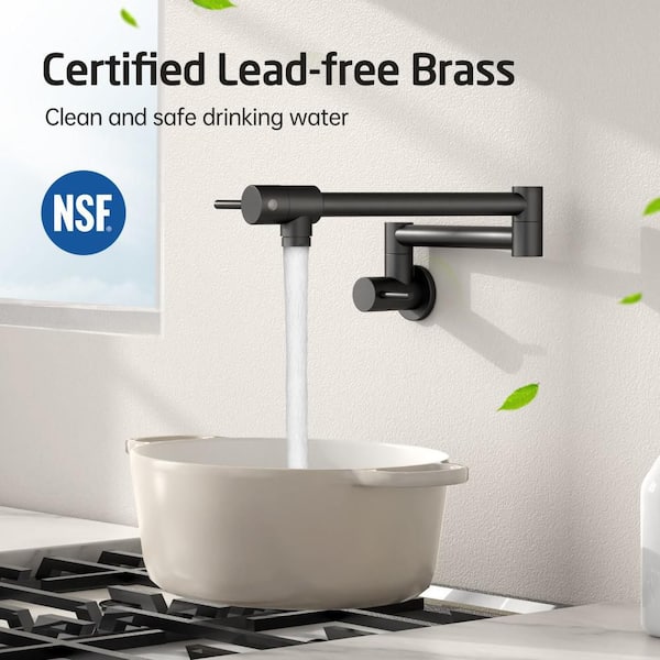 Wall Mounted Pot Filler with Double Joint Swing Arm 2 Handles in Matte Black