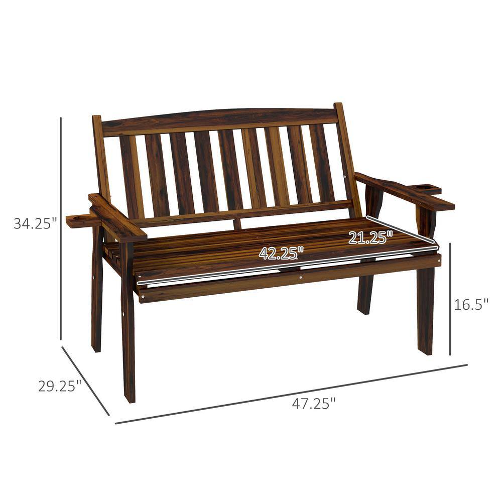 Outsunny Carbonized Fir Wood 2-Person Garden Bench with Cupholders