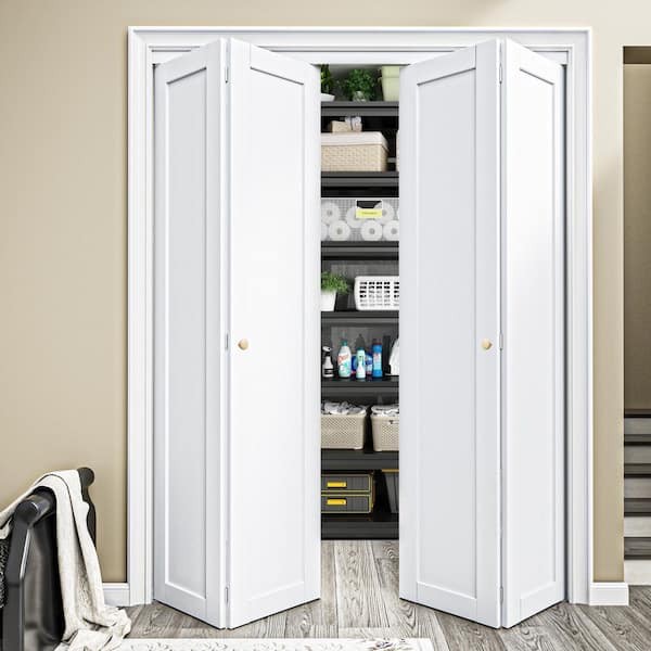 60 in. x 80 in. White Primed Solid Core 1-Panel Composite MDF Interior Closet Bi-Fold Door with Hardware