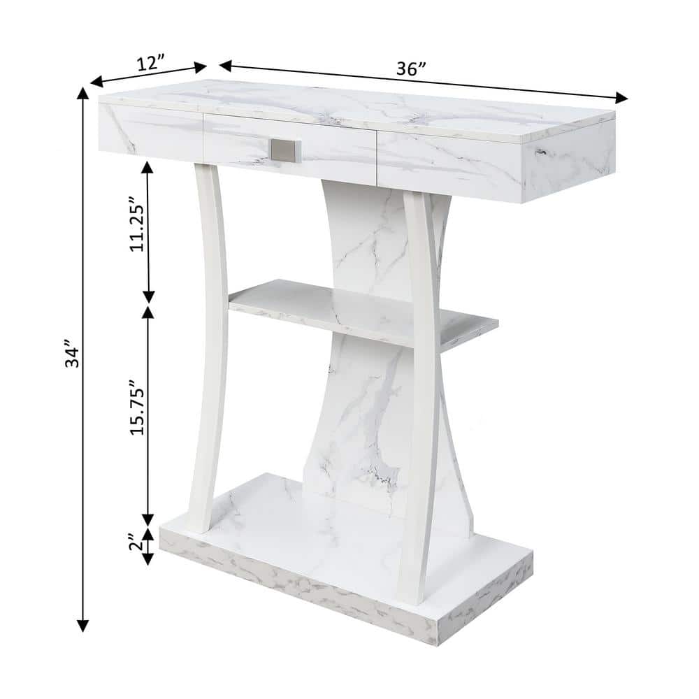 Newport 36" White Faux Marble Console Table with Storage Shelves