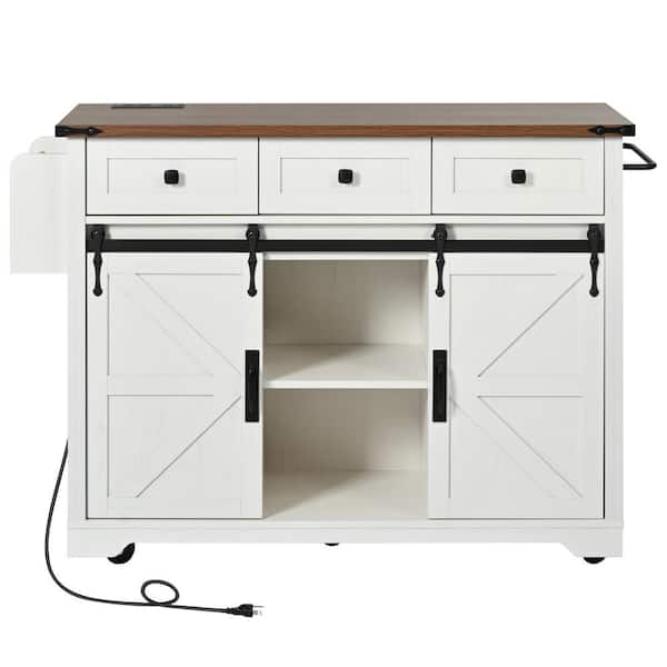 Tileon White Wooden 53.7 in. Kitchen Island on Wheels with Power Outlet, Drop Leaf, 2 Sliding Barn Doors, Spice Rack&3 Drawers