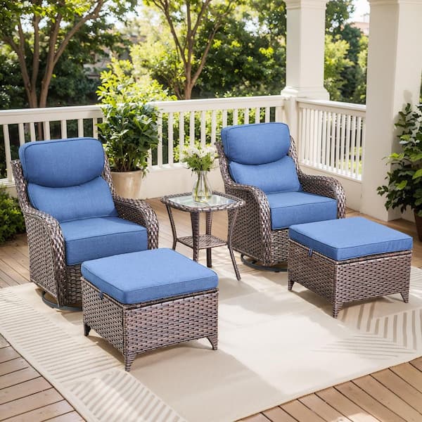 Crescent Brown Swivel Glider Wicker Patio Conversation Set with Blue Olefin 6 In. Thick Cushions/Ottoman (5-Piece)