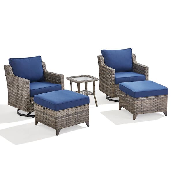 5-Piece Wicker Patio Conversation Set Outdoor Swivel Chairs, with Swivel Chairs, Footstool, Table, and Blue Cushions