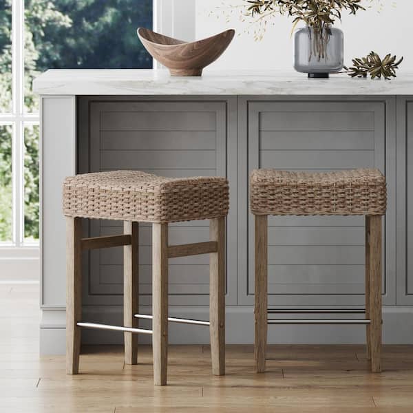 Harvey 25 in. Seagrass/Brushed Gray Backless Solid Wood Bar Stool with Foam Padded Seat, Set of 2