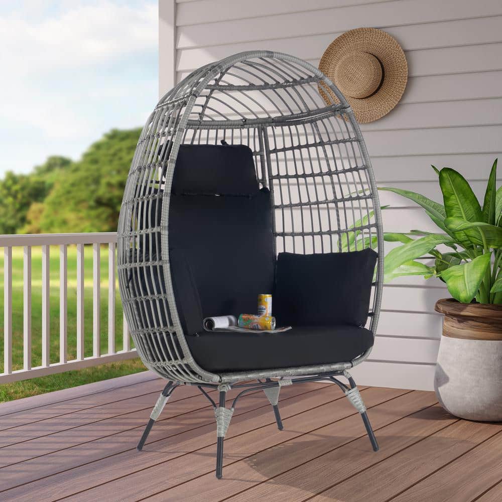 Oversized Outdoor Gray Rattan Egg Chair Patio Chaise Lounge Indoor Living R