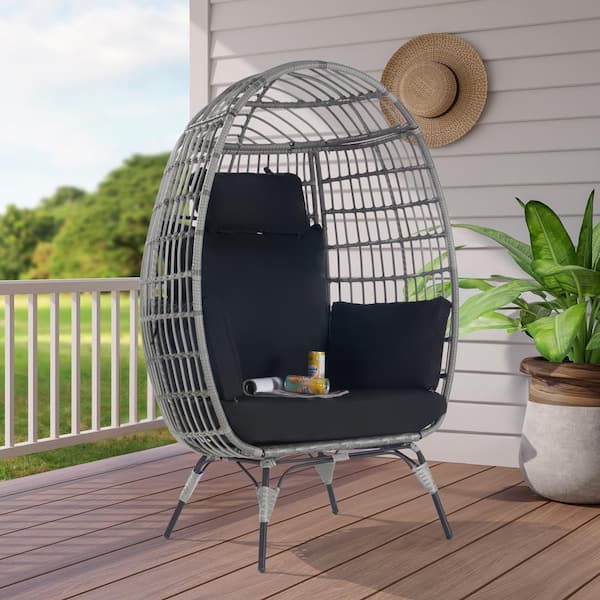 SANSTAR Oversized Outdoor Gray Rattan Egg Chair Patio Chaise Lounge Indoor Living Room Basket Chair with Black Cushion