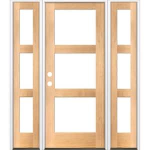 60 in. x 80 in. Modern Hemlock Right-Hand/Inswing 3-Lite Clear Glass Clear Stain Wood Prehung Front Door with Sidelites