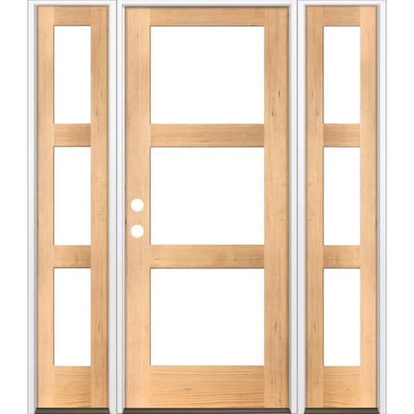 Krosswood Doors 60 in. x 80 in. Modern Hemlock Right-Hand/Inswing 3-Lite Clear Glass Clear Stain Wood Prehung Front Door with Sidelites