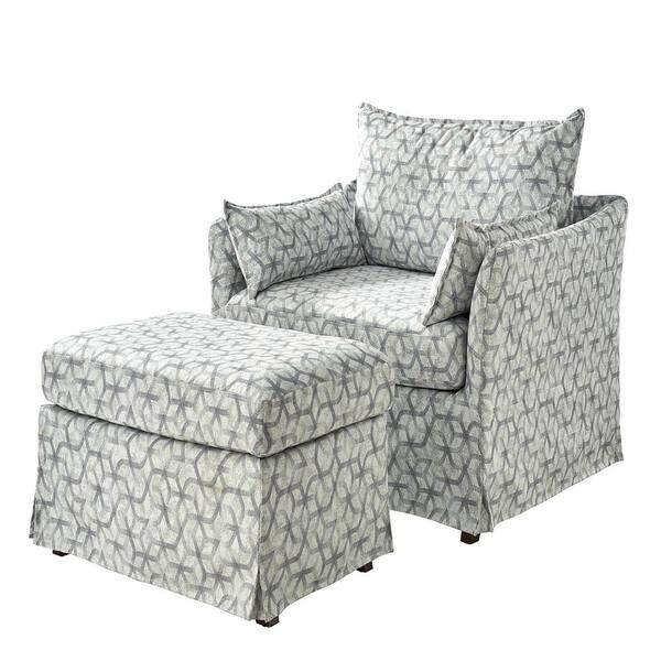 JAYDEN CREATION Sylvia Modern Geometric Slipcovered Solid Wood Leg Armchair with Ottoman