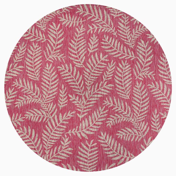 Nevis Palm Frond Fuchsia/Light Gray 5 ft. Round Indoor/Outdoor Area Rug