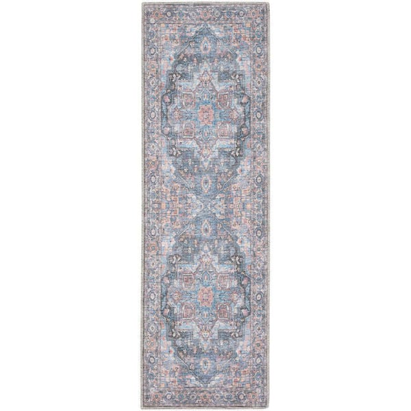 57 Grand Machine Washable Light Blue Multi 2 ft. x 6 ft. Floral Traditional Kitchen Runner Area Rug