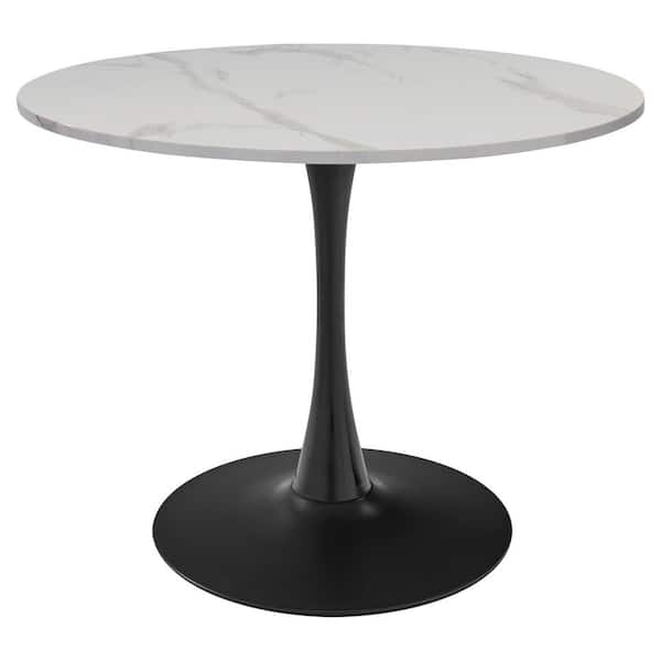 Creston Modern 39.4 in. White Dining Table with Engineered Marble Surface and Black Metal Pedestal Base Seats 4