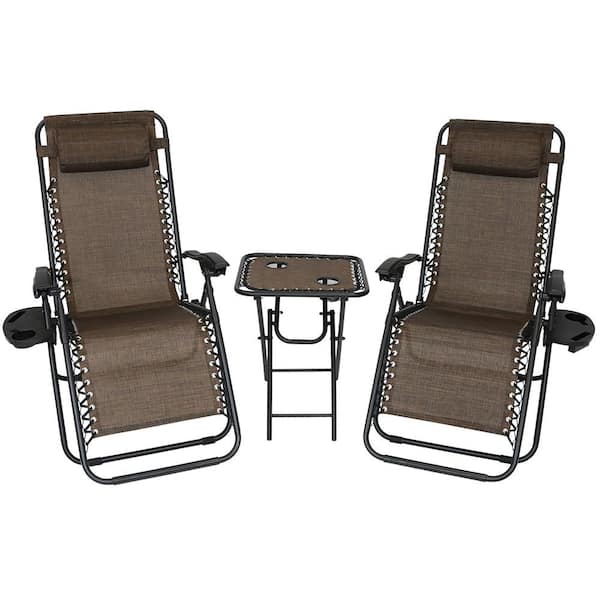 Sunnydaze Zero Gravity Dark Brown Sling Beach Chairs with Side Table (Set of 2)