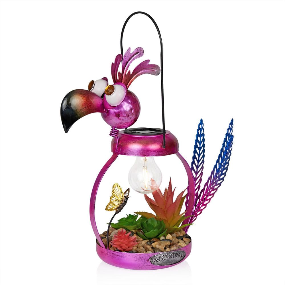 Alpine Corporation Solar Metal Pink Flamingo with Garden Enclosed
