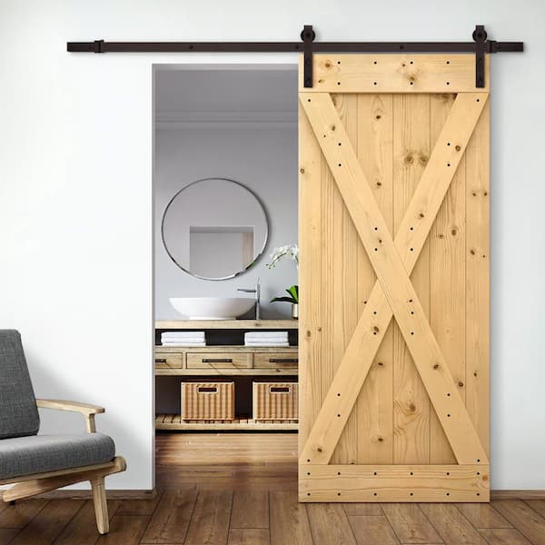 X Series 42 in. x 84 in. Unfinished Solid DIY Knotty Pine Wood Interior Sliding Barn Door with Hardware Kit