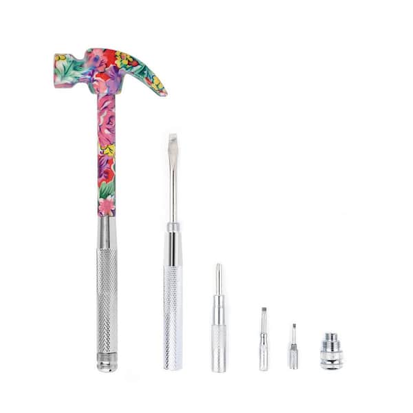 6 in 1 Multifunctional 244.5g Carbon Steel Tool Set Floral Claw Hammer with Screwdrivers Nail Puller Pink