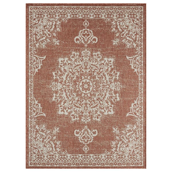 Nicole Miller Patio Country Azalea Terracota/Ivory 8 ft. x 10 ft. Medallion Indoor/Outdoor Area Rug