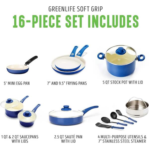 GreenLife 18-Piece Soft Grip Toxin-Free Healthy Ceramic Non-Stick Cookware  Set, Turquoise, Dishwasher Safe 