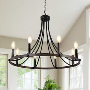 Yenier 8-Light Black/Brown Rustic Farmhouse Dimmable Kitchen Island Wagon Wheel Chandelier Candle for Living Room Foyer