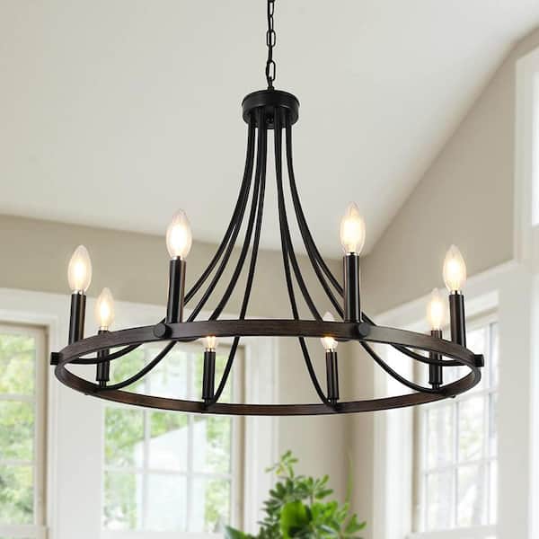 LWYTJO Yenier 8-Light Black/Brown Rustic Farmhouse Dimmable Kitchen Island Wagon Wheel Chandelier Candle for Living Room Foyer