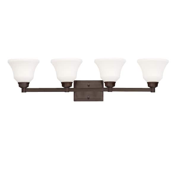 KICHLER Langford 35 in. 4-Light Olde Bronze Transitional Bathroom Vanity Light with Etched Glass Shade