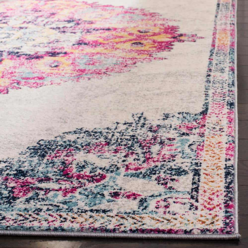 Ivory and Fuchsia Distressed Medallion 8' x 10' Area Rug