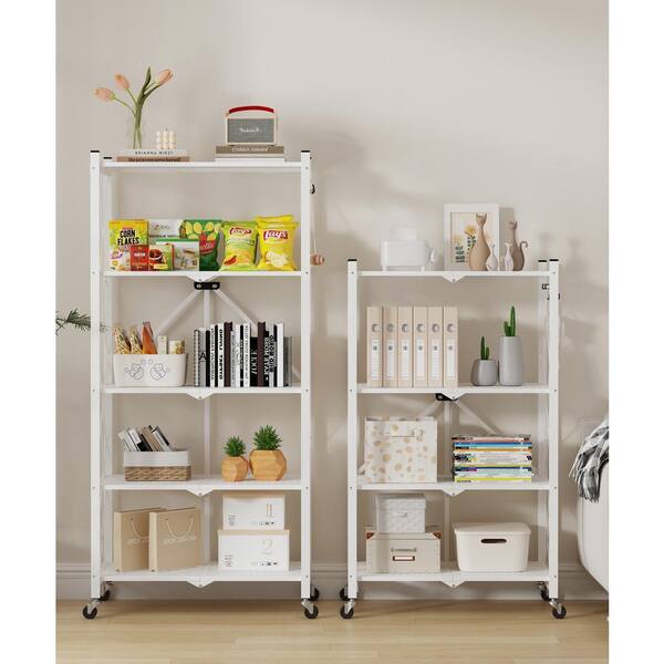 4-Tier Foldable Metal Storage Rack with 3 Hooks, White Shelving