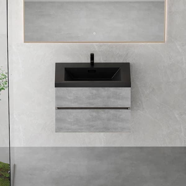 29.53 in. W x 19.7 in. D x 22.5 in. H Single Sink Wall Mounted Bath Vanity in Cement Grey with Black Quartz Sand Top
