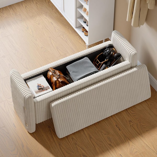 Bed Bench Off-White Velvet Rectangular Storage Large (Over 44 in.) Ottoman