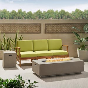 Perla Teak Brown 5-Piece Wood Patio Fire Pit Seating Set with Green Cushions