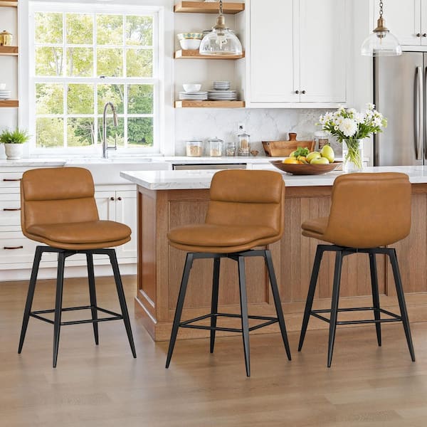 DAHLIA 26 in. Light Brown Faux Leather Metal Frame Swivel Bar Stool with Double-Layer Cushion (Set of 3)