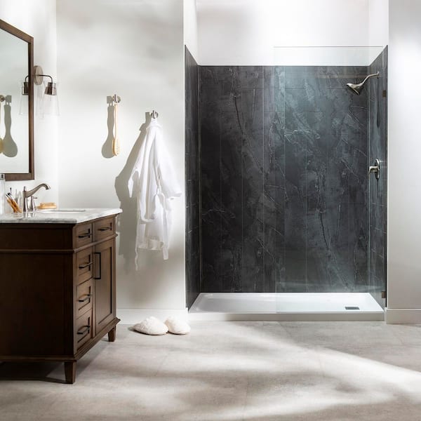 PALISADE 30in x 60in x 78in 4-Piece Glue-Up Alcove Shower Wall, Shelf, Trim Kit in Cracked Slate