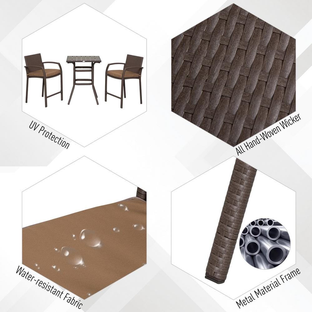Mixed Brown Rattan Wicker Outdoor Bar Set with Wood Grain Top