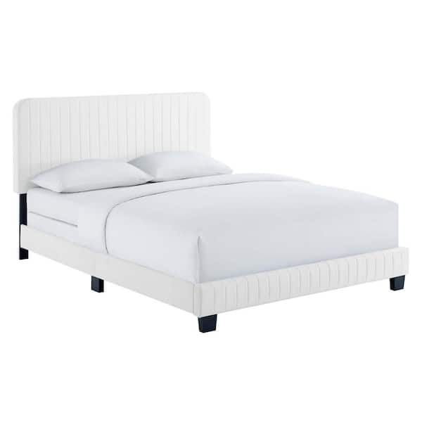MODWAY Celine White Channel Tufted Performance Velvet Queen Bed